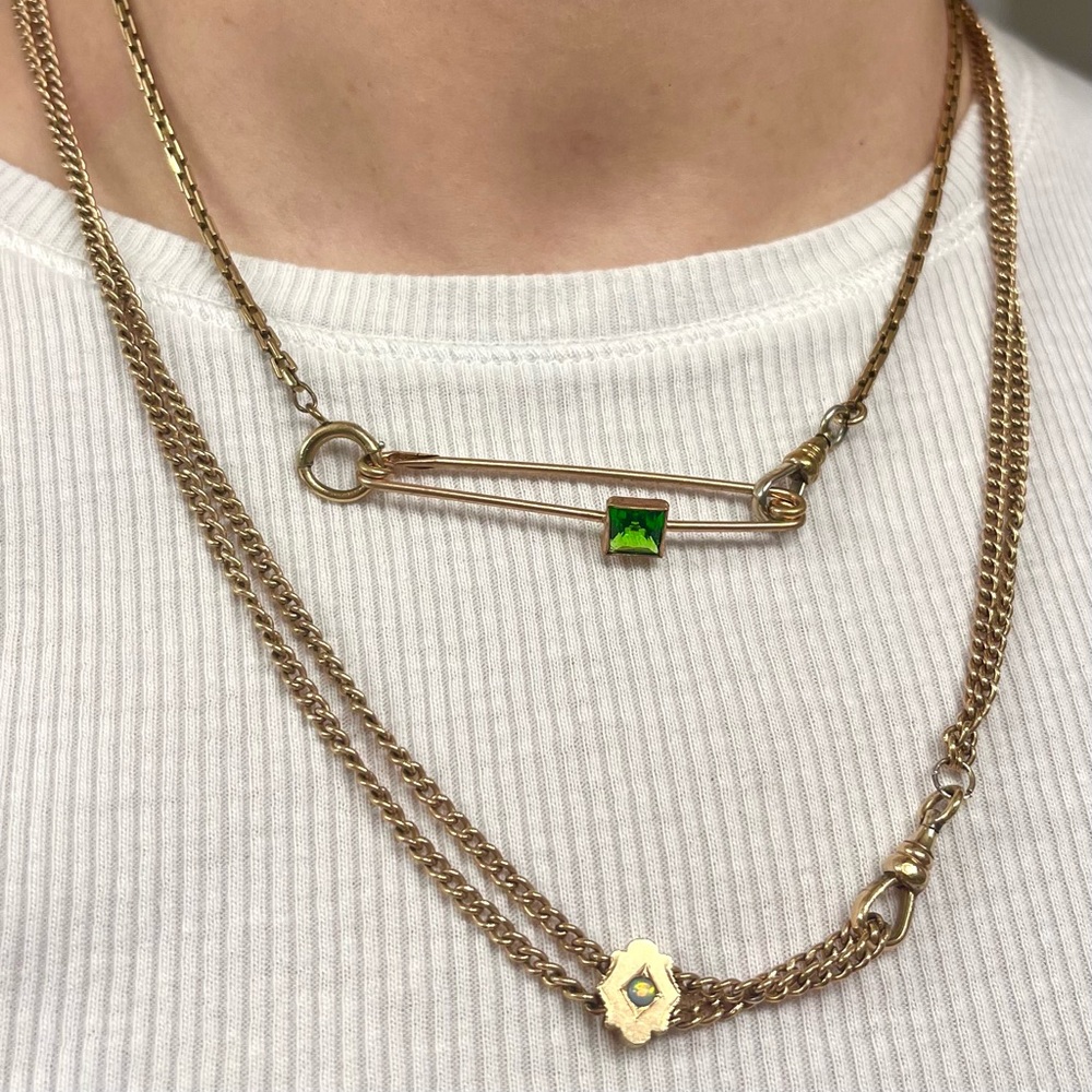 Vintage 2” Gold Fill Safety Pin Brooch/ Extender with Green Paste Stone
